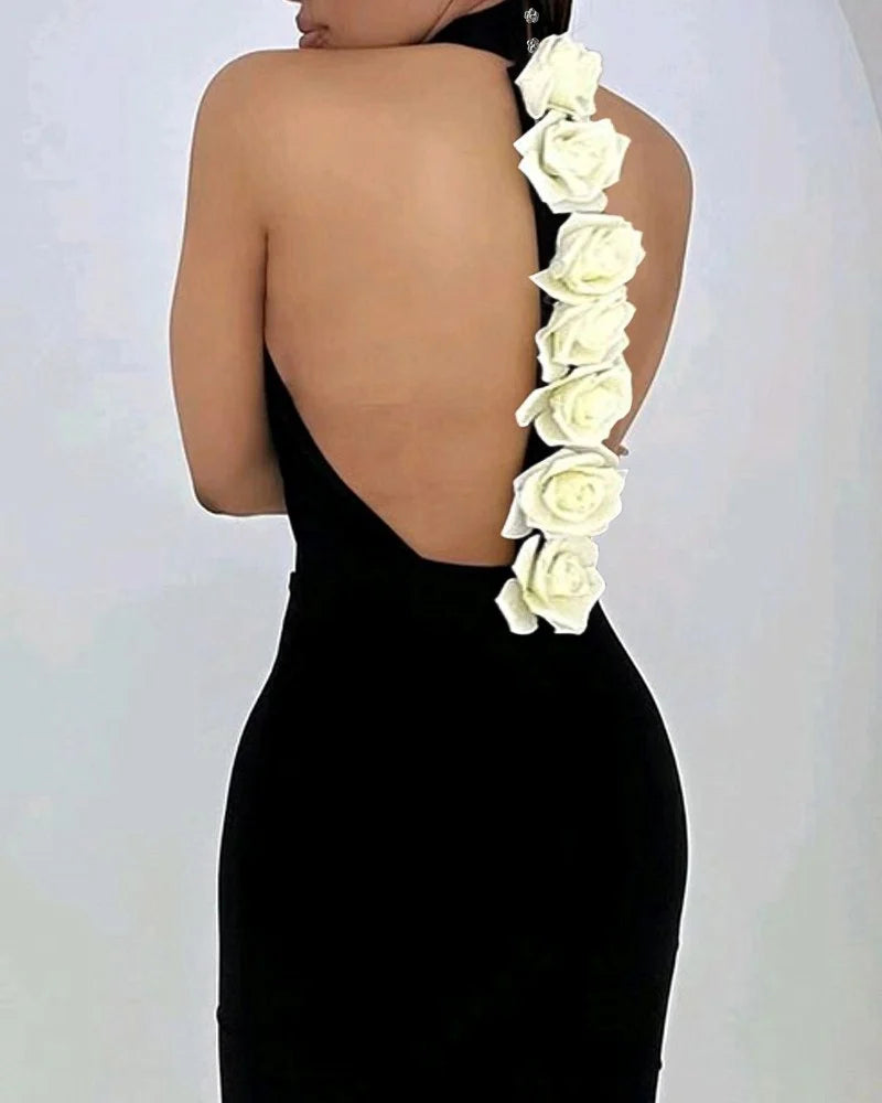 Elegant Rose Detail Mock Neck Sleeveless Backless Bodycon Dresses