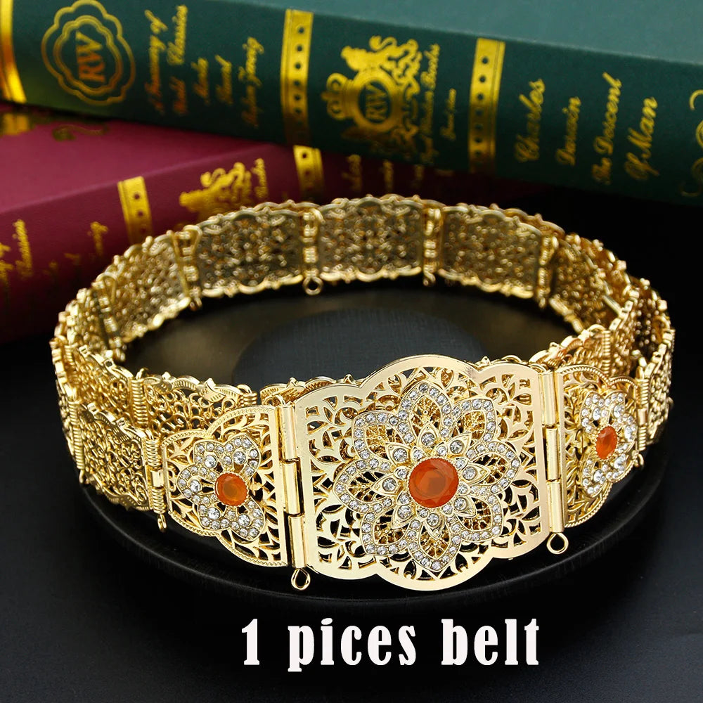 Gold Color Caftan Waist Chain Belt Orange Bead Choker Necklace Drop Earring Brooch