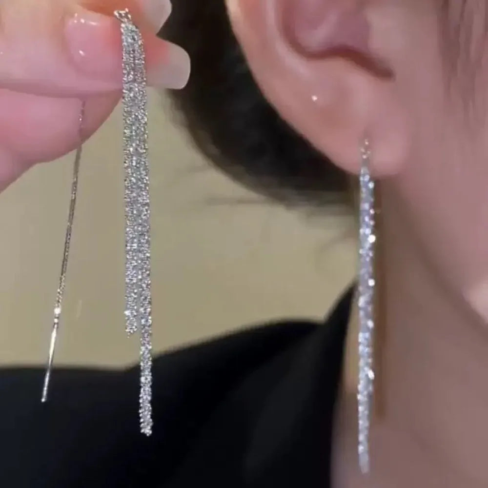 Classic Fashion Long Tassels Shiny Silver Color Drop Dangle Earrings