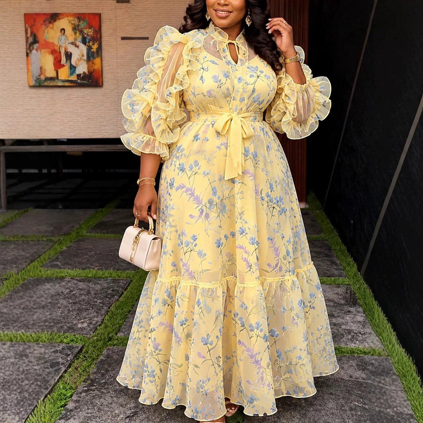 Elegant Women Printed Chiffon Two Piece Set – Tie Neck 3/4 Puff Sleeve & Inner Tank Dress
