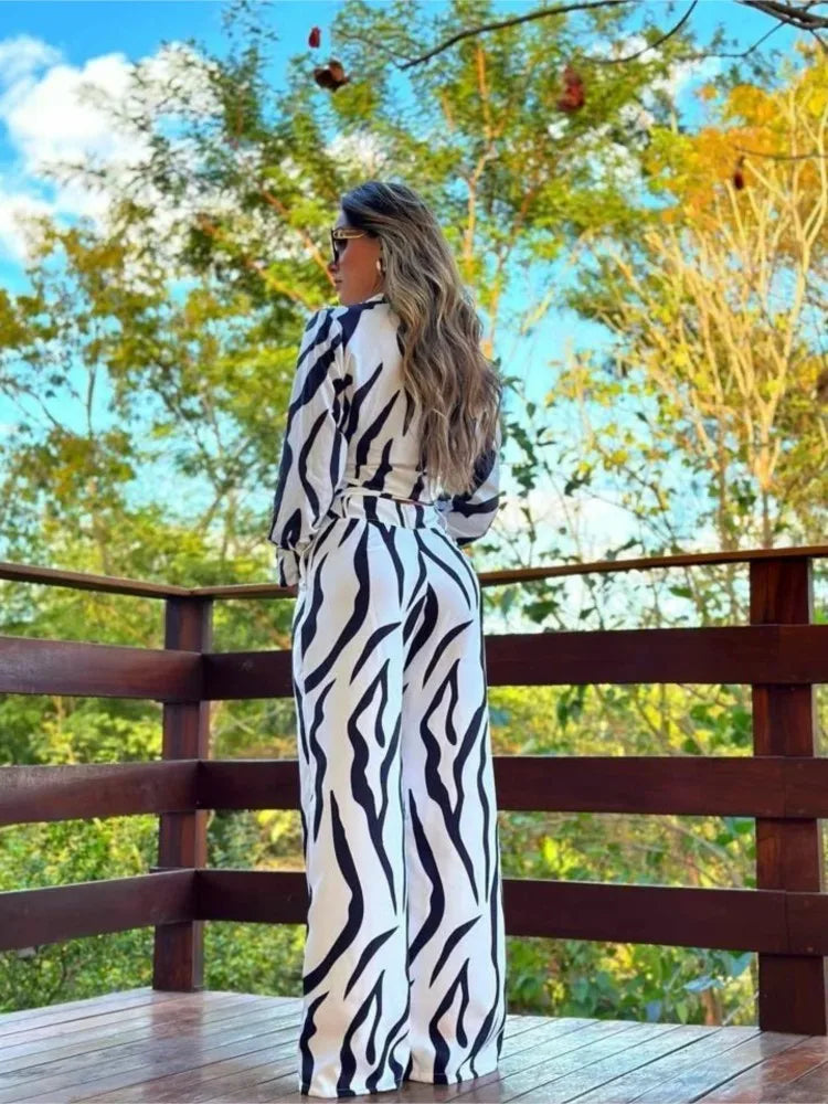 Floral Fashion Printed Shirt Spring Autumn Wide Leg Pants Two-piece Set