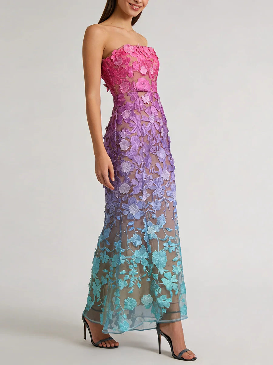Gradient Spliced Embroidery Strapless Sleeveless Patchwork 3D Flower Long Dresses