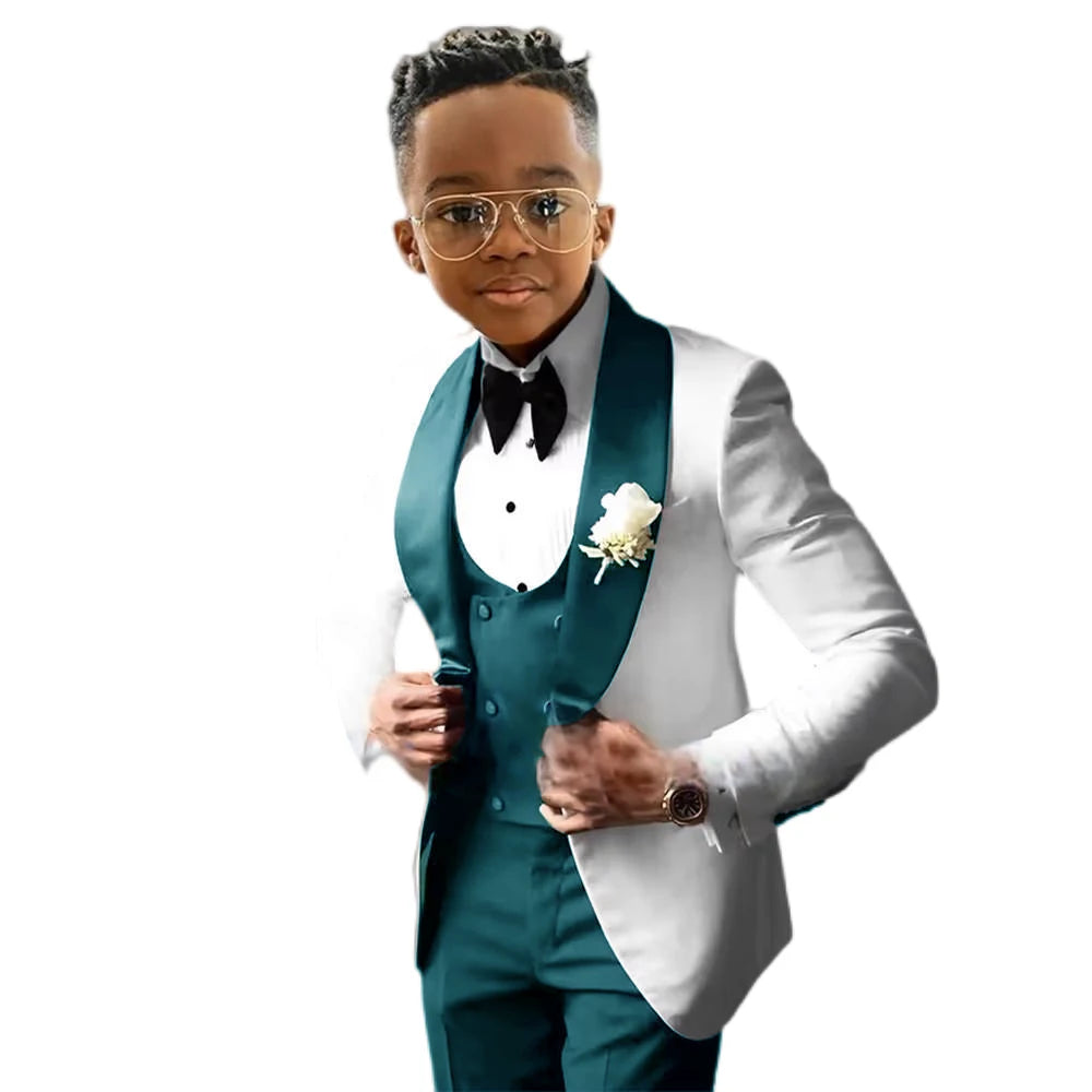 Suit for Boys Wedding Tuxedo – 3 Piece White Jacket, Royal Blue Pants &amp; Vest | Slim Fit Tailored Kids Blazer Set