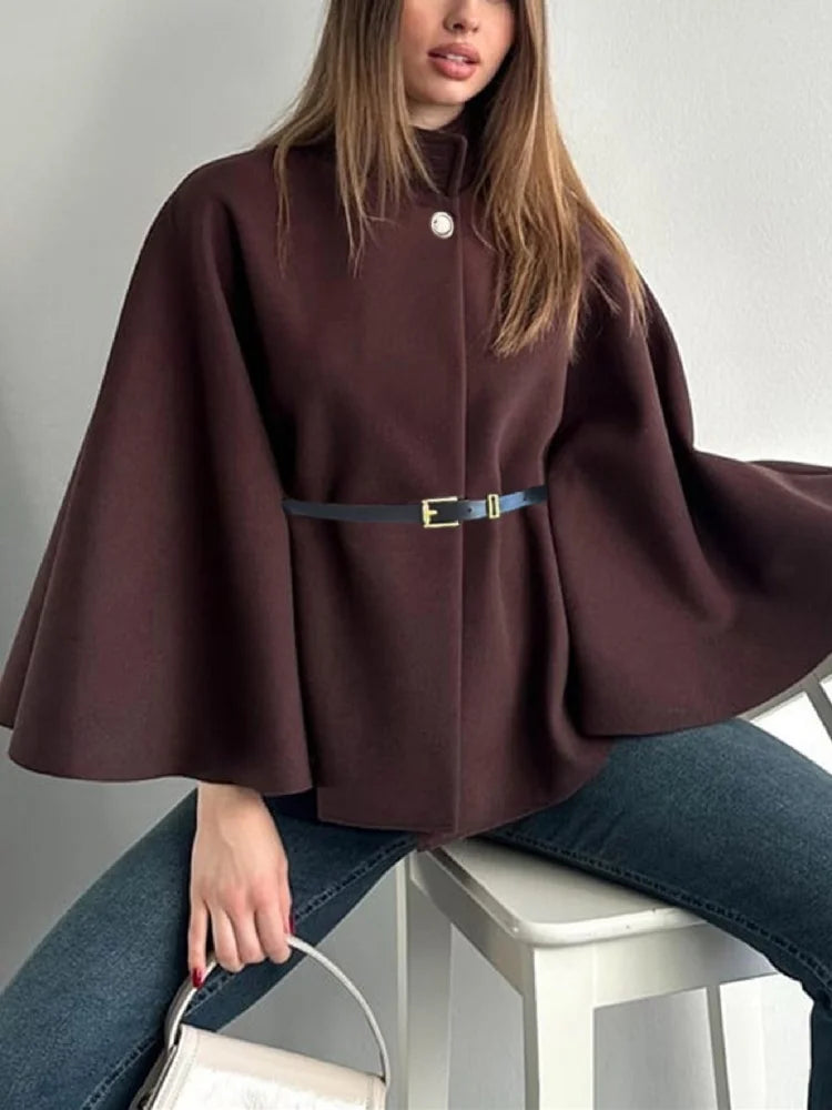 Elegant Woolen Cape Coat for Women – Belted, Fitted Waist, Winter Chic One-Piece