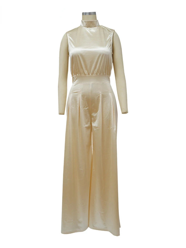 Spring Summer New Elegant Wide Leg Pants Bodysuit High Collar Sleeveless Jumpsuits