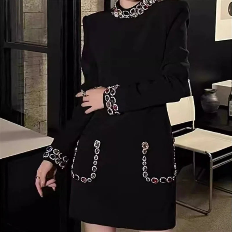 Vintage Colorful Diamond Stand Collar Luxury Mini Dress