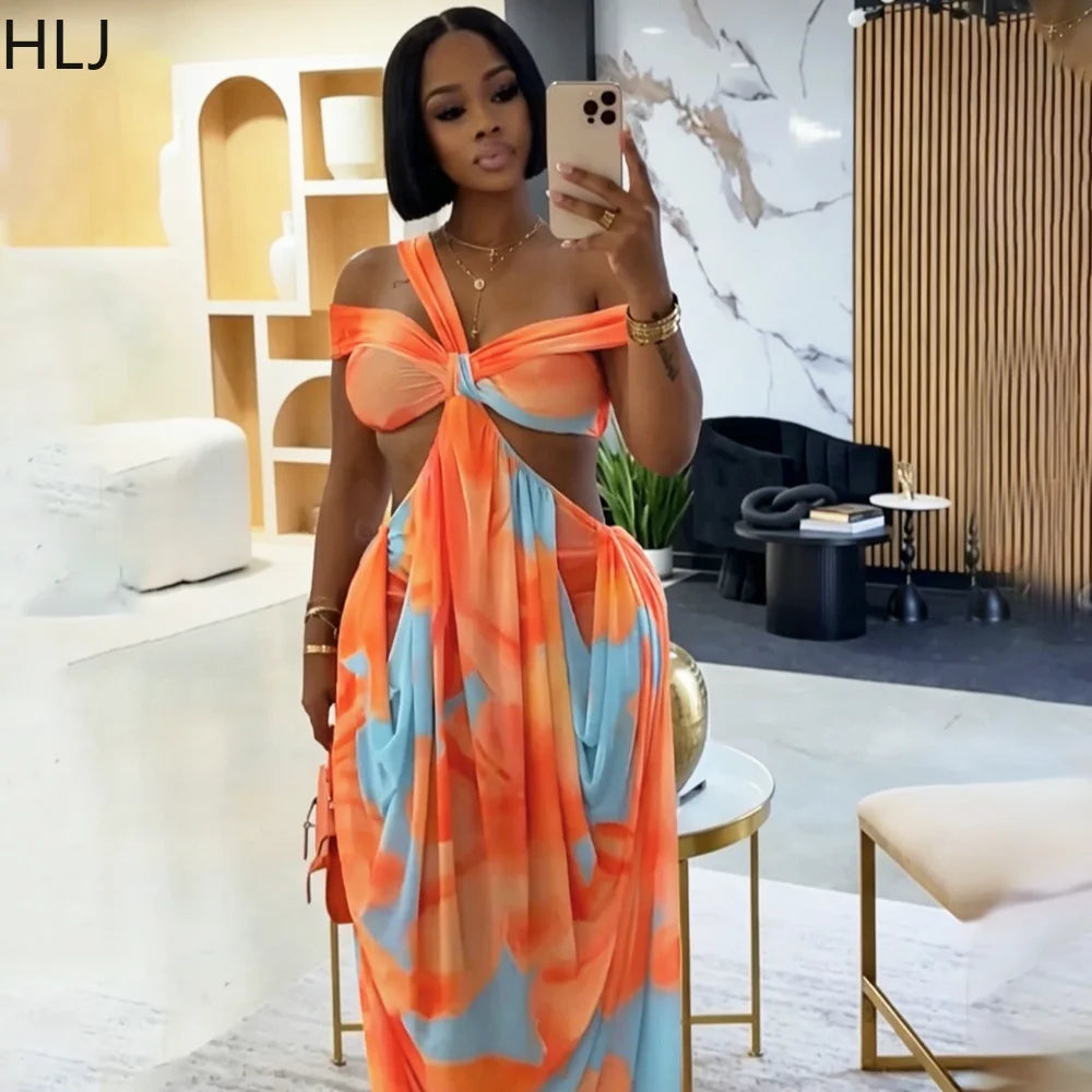 Sexy Tie Dye Patchwork Bodycon One Shoulder Hollow Out  Backless Long Dress for Beach