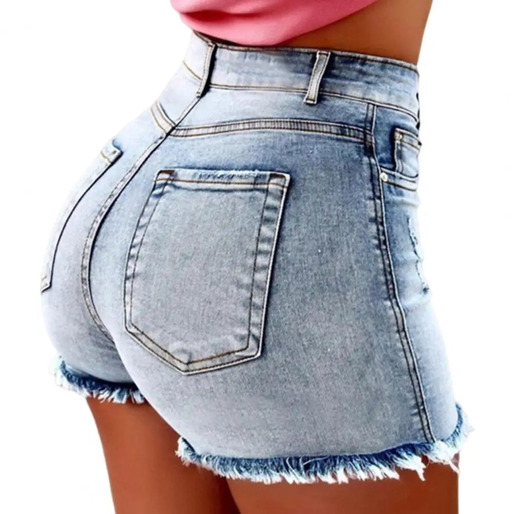Retro Distressed Ripped Edge  High Waist Washed Butt-lifted Slim Fit Side Pockets  Shorts