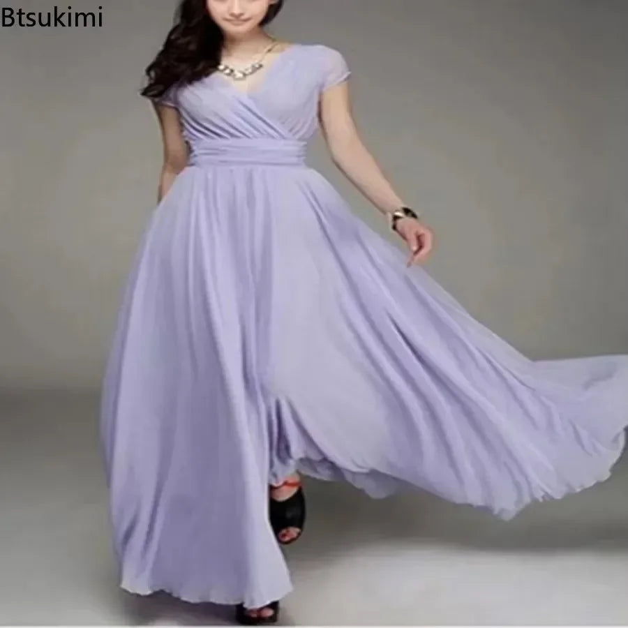 2025 Women's V Neck Short Sleeve Evening Party Dress Temperament Solid Colour Long Cocktail Chiffon High Waist Summer Dresses