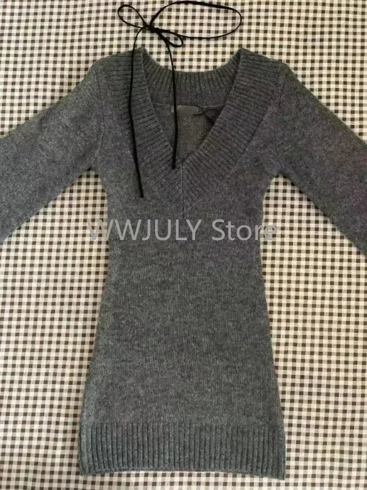 Autumn Winter  V-neck French Vintage Sweater Long Sleeve Pullovers Knitwears