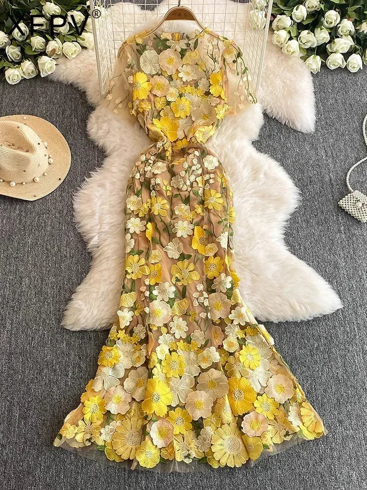 Summer High-end Embroidery Lace 3D Flower Short Sleeve Long Dress