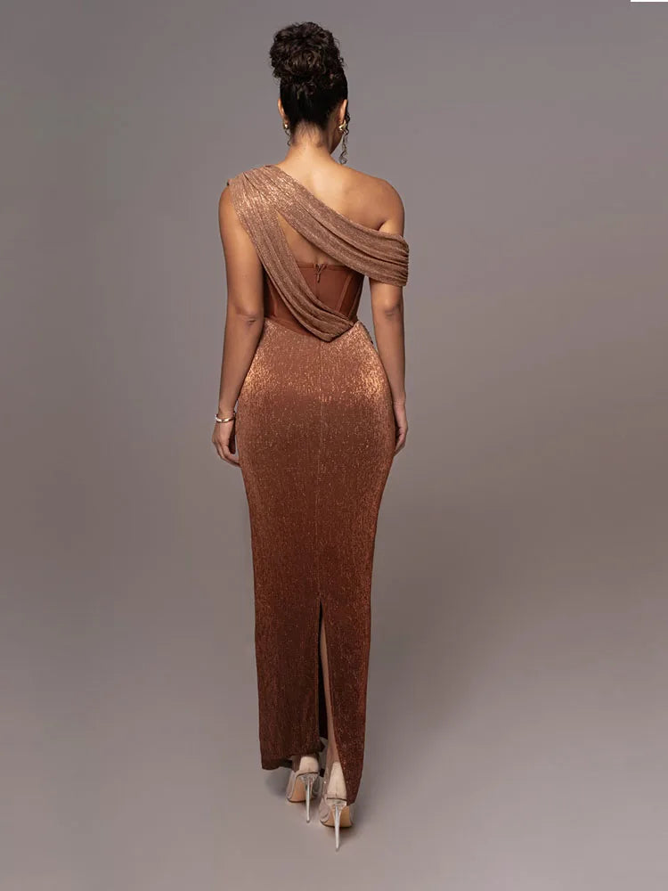 Sexy One Shoulder Draped Glitter Long Dress