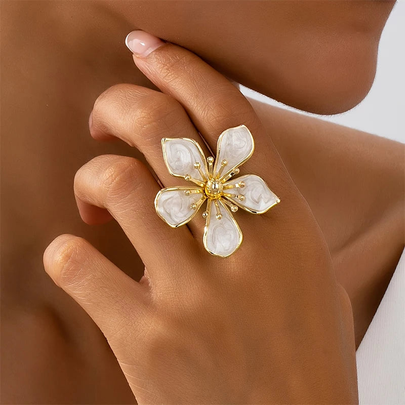 White Enamel Flower Adjustable Ring