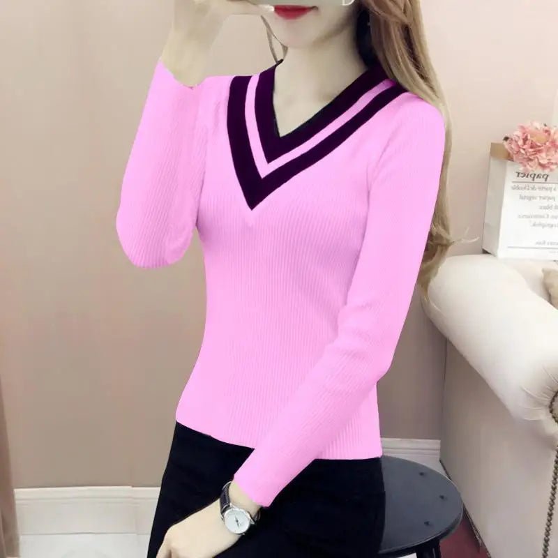 Elegant V-Neck Spliced All-match Sweaters
