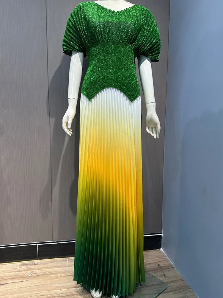 Fashion V Neck Short Batwing Sleeves Irregular Hem T-shirt & New Gradient A-line Folds Long Skirt