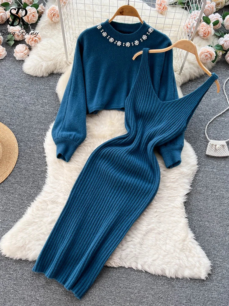 Winter Knitted Fashion Breading Long Sleeve Pearl Sweater+Knitted Camis Dress Sets