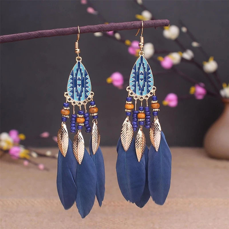 Boho Long Feather Dangle Earrings – Handmade Tassel & Enamel Flower Statement Jewelry for Women