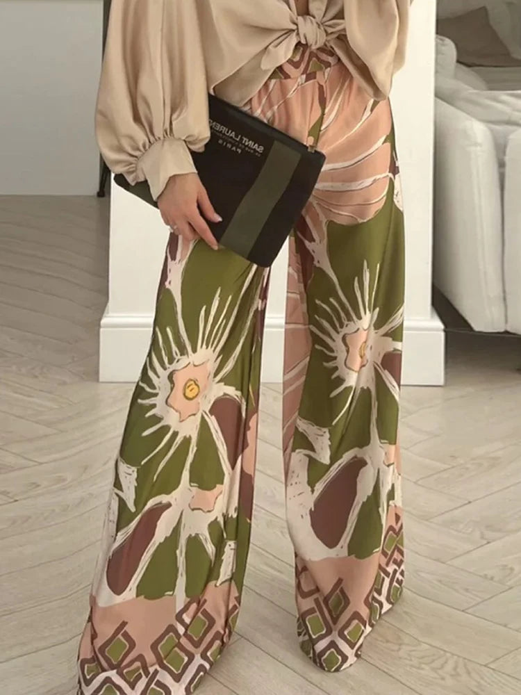 All Season Loose Casual Mid Waist Print Long Pants