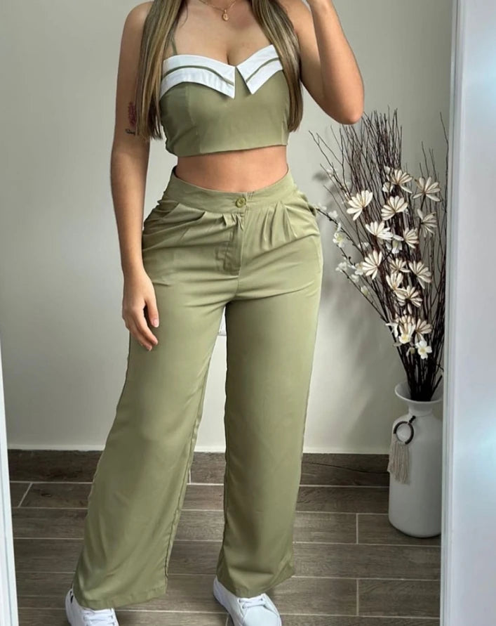 Sexy Elegant Crop Cami Top & Ruched Pocket Design Pants Set