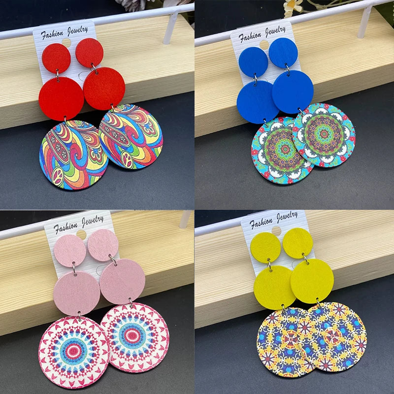 New Ethnic Retro Circular Printed Wooden Earrings – Long Bohemian Colorful Statement Jewelry