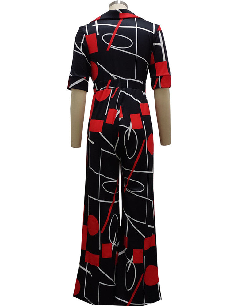 Aesthetic Print Chic Turn Down Collar Half Sleeve Wide Leg Jumpsuit