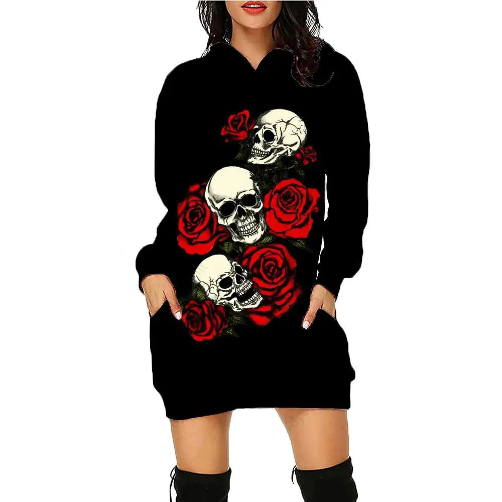 New 3D Print Skull Long sleeved Pullover Fashion Mid length Hoodie Dress
