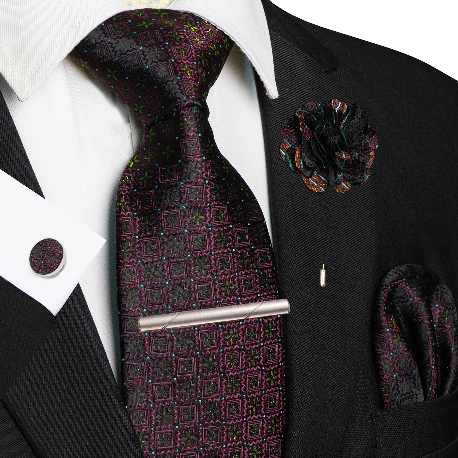 Brown Yellow Plaid Silk Tie Set for Men