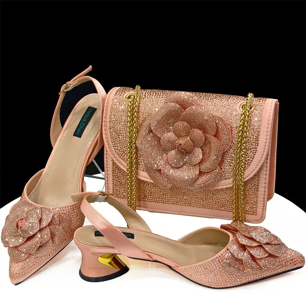 Italian Design Evening Shoes And Bags Paired With Handmade Petal Gold Colour Pointed Toe Mid-Heel Shoes For Women Party Shoes