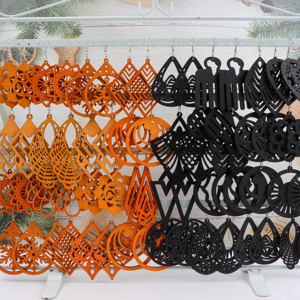 10 Pairs Boho Ethnic Print Wooden Earrings – Colorful Geometric Statement Set