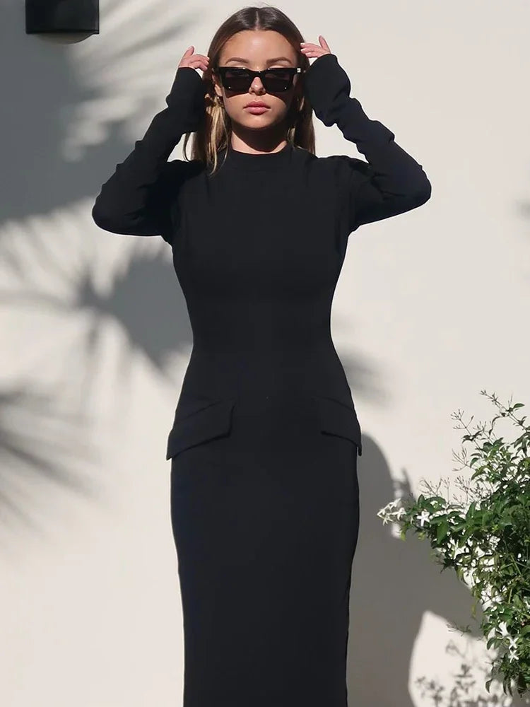 Half Turtleneck Long Sleeves Maxi Dress