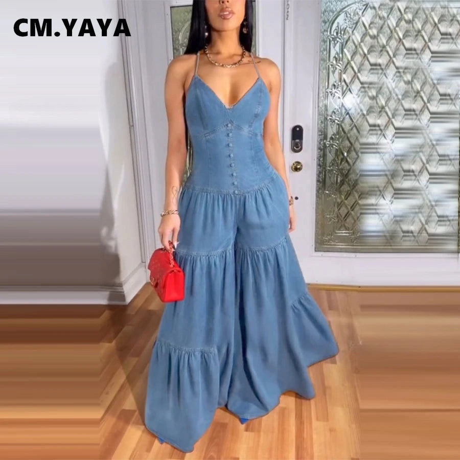 V-neck Strap Sleeveless Wide Leg Jumpsuits