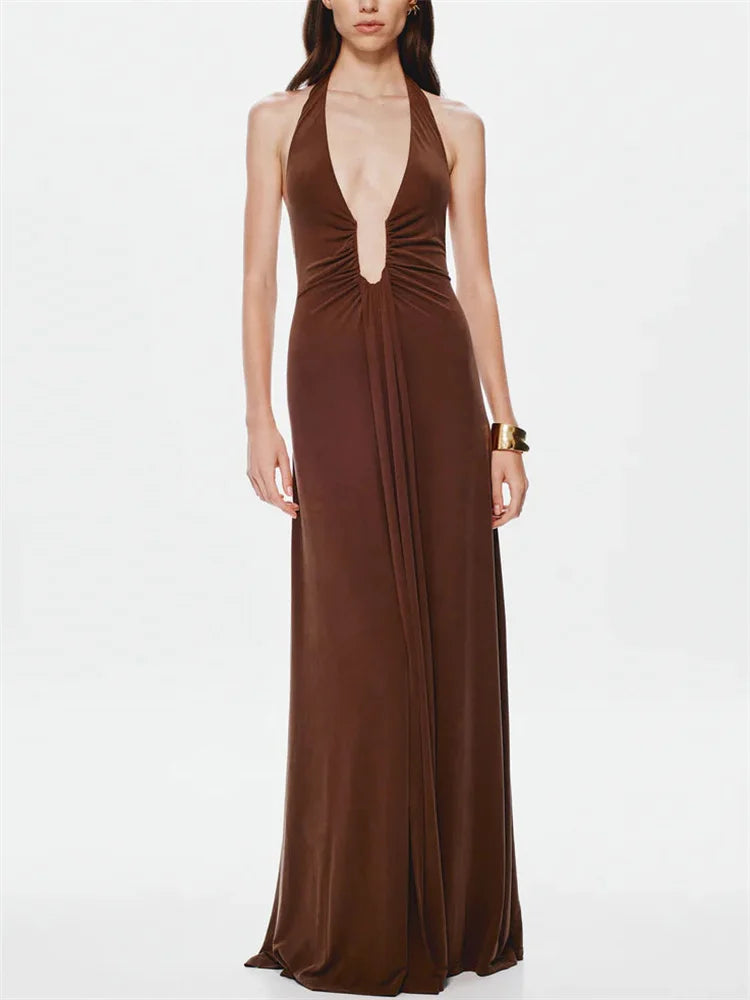 Summer Fashion V-Neck High Waist Backless Slim Pleated Solid Elegant Party Dress