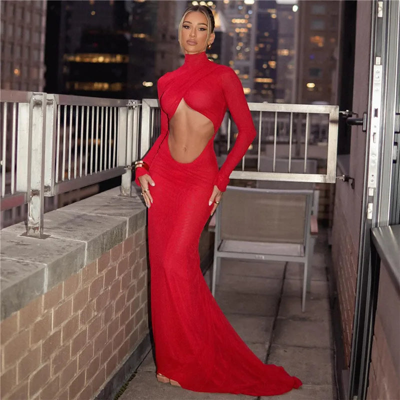 Long Sleeve Ruched Sexy Backless Elegant Red Cut Out Maxi Dress