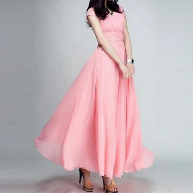 2025 Women's V Neck Short Sleeve Evening Party Dress Temperament Solid Colour Long Cocktail Chiffon High Waist Summer Dresses