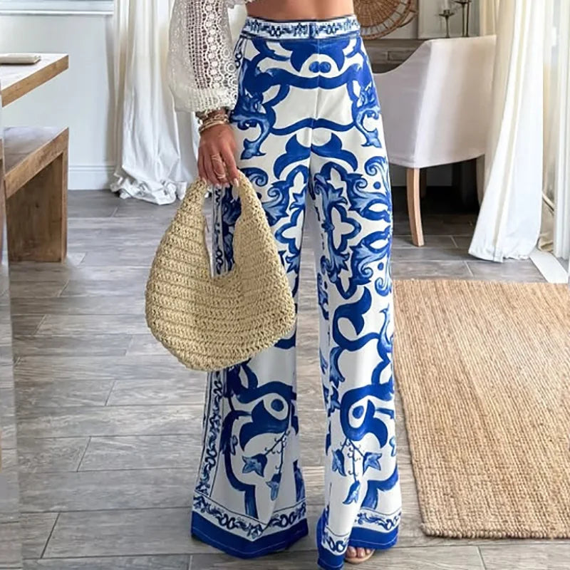 All Season Loose Casual Mid Waist Print Long Pants