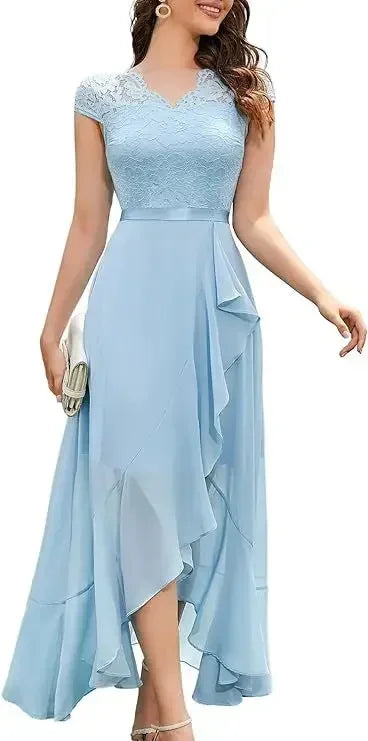 2026 V Neck Short Sleeve  Lace Splice Ruffles Chiffon Irregular Dress