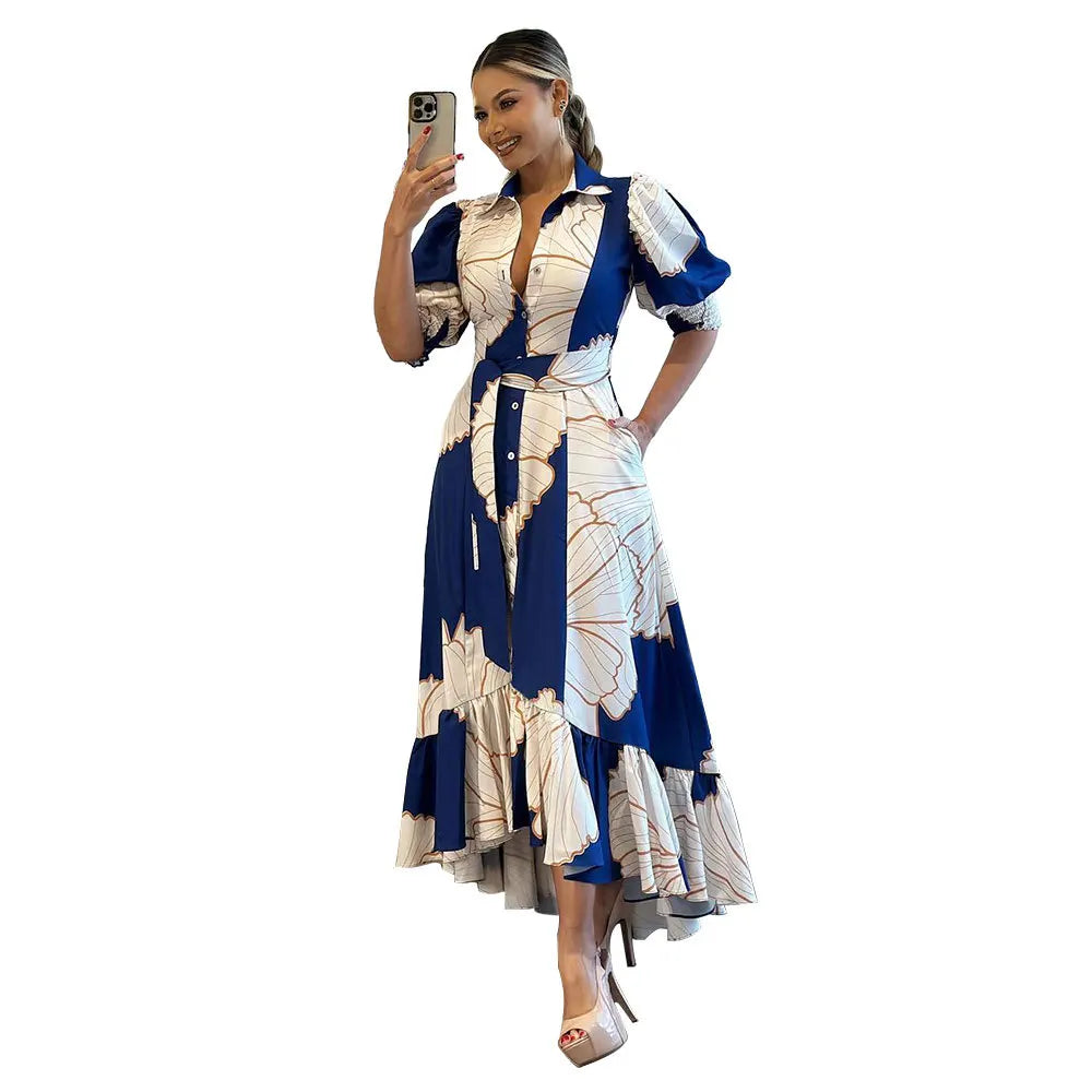 Long Print Elegant Office A Line Half Sleeves High Waist Maxi Dress