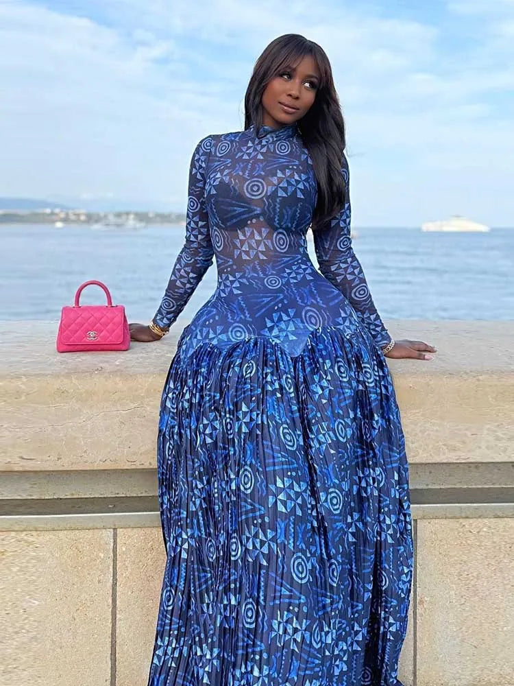 Royal Blue Mid-turtleneck High Waist Transparent  Light Long Dress with Sleeves