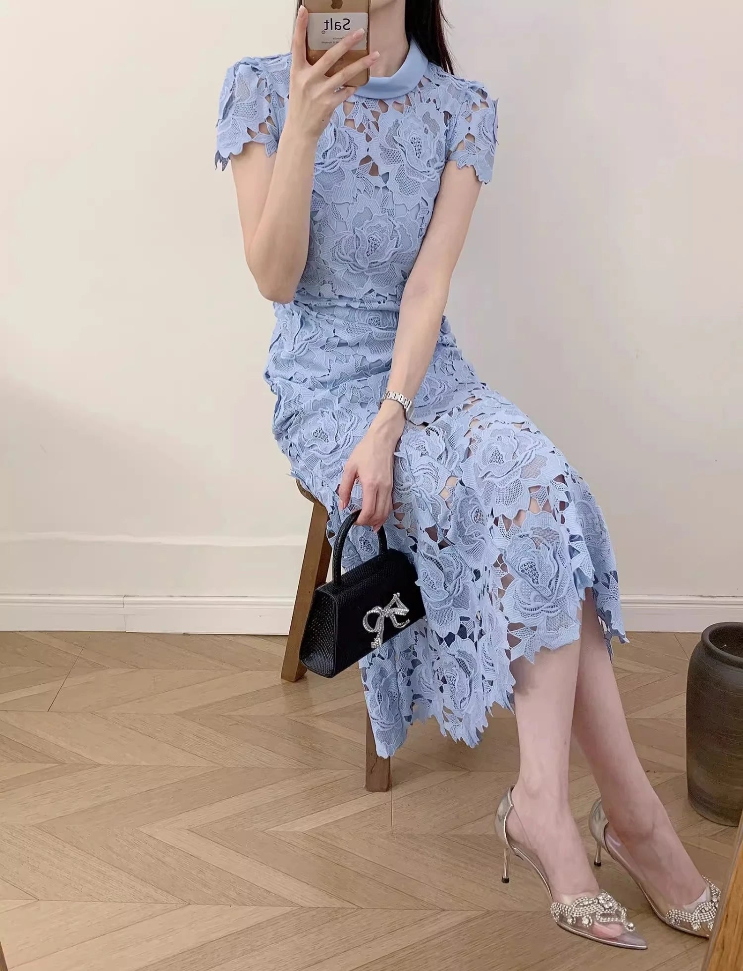 Light Blue Lace Trumpet Dress