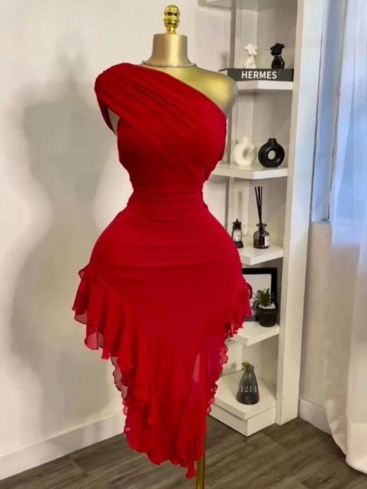 Elegant Women One Shoulder Stacked Ruched  Ruffles Asymmetrical Bodycon Midi Dress