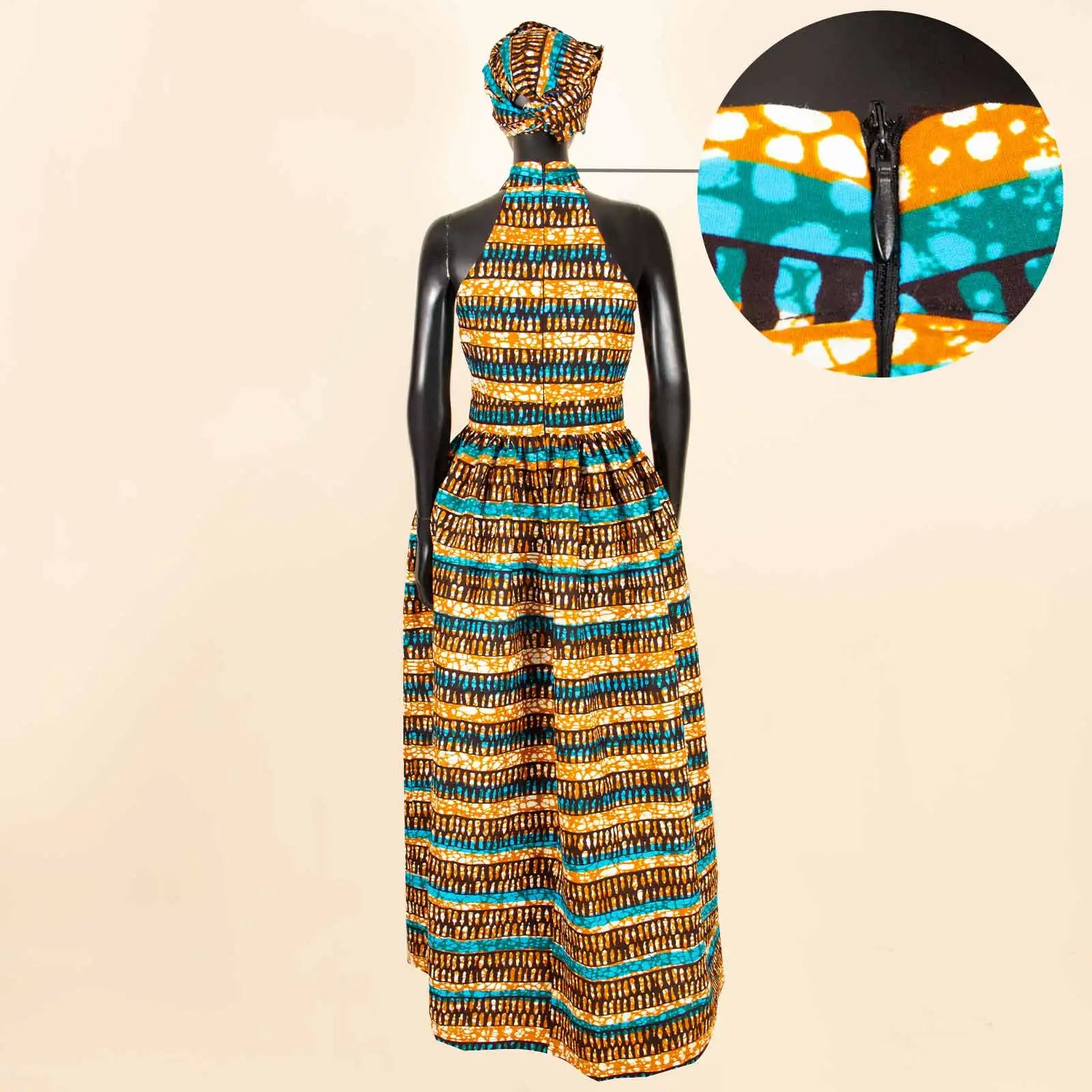 Print Sleeveless Vintage Bow Halter Floor- Length  Maxi Dresses with Headscarf