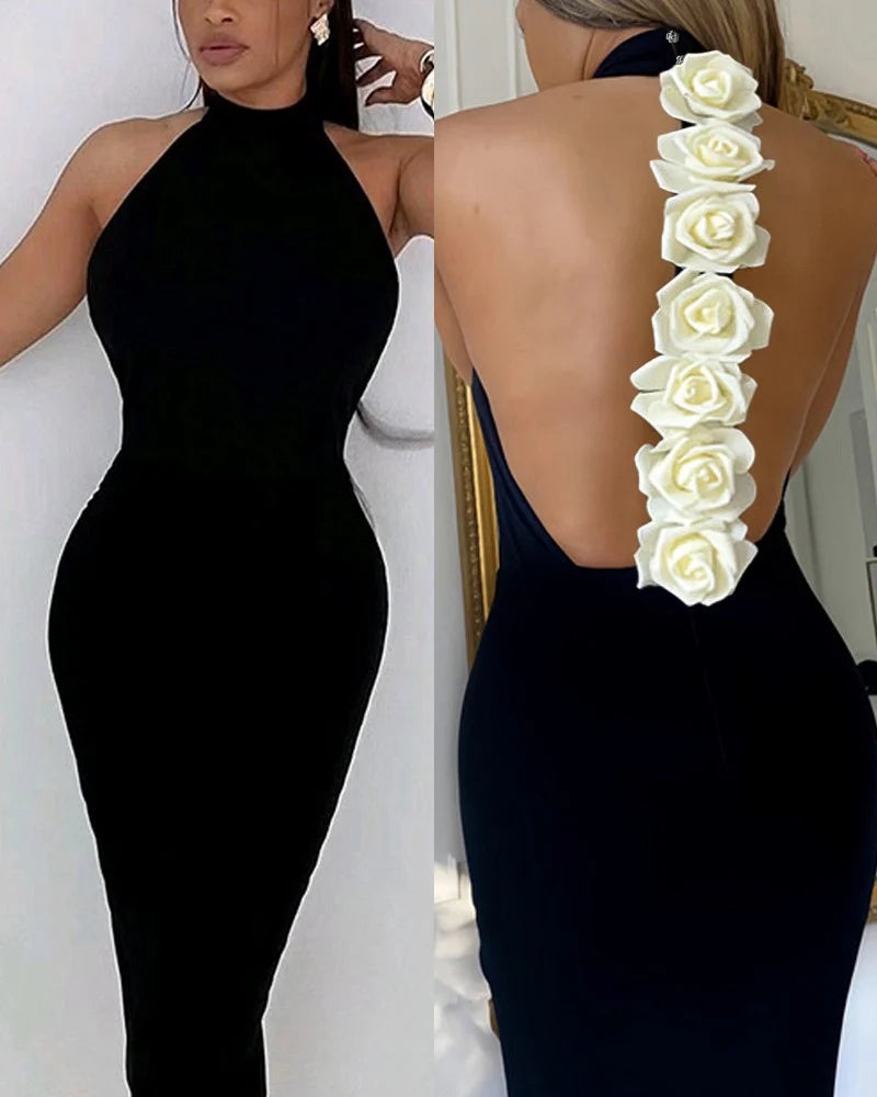 Elegant Rose Detail Mock Neck Sleeveless Backless Bodycon Dresses