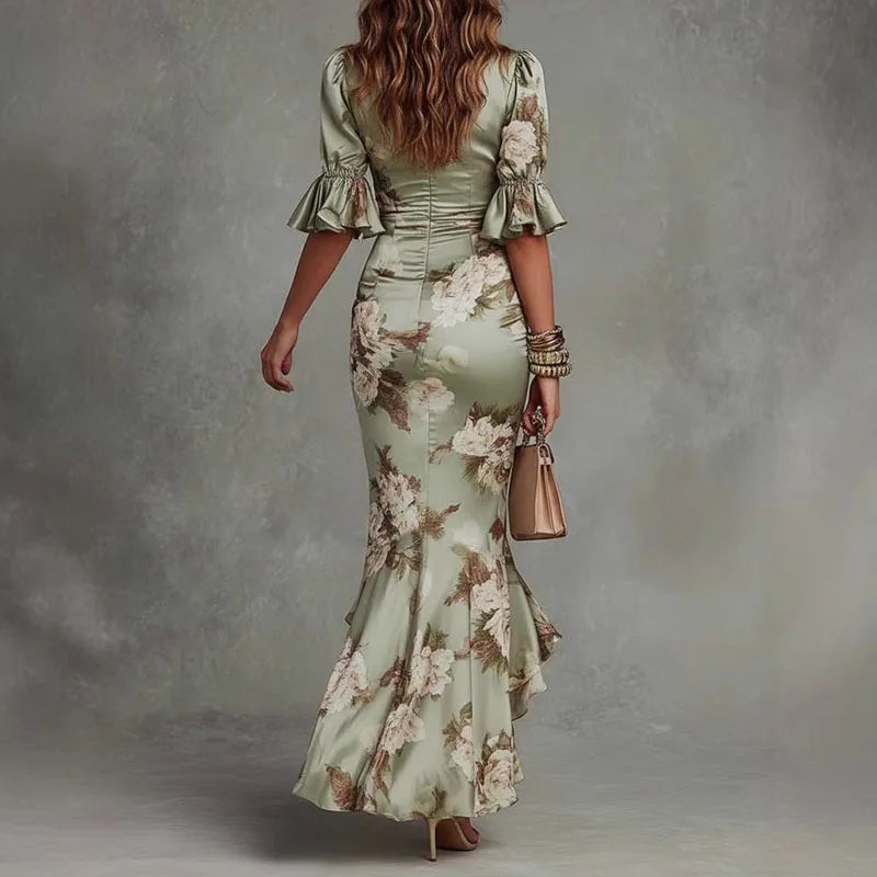 Women's Deep V-Neck Ruffle Floral Satin Maxi Dress