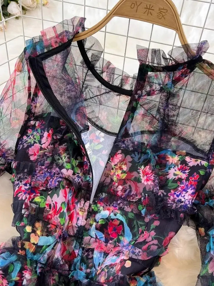 French Elegant Print Gorgeous Flower Cascading Ruffles Long Dress