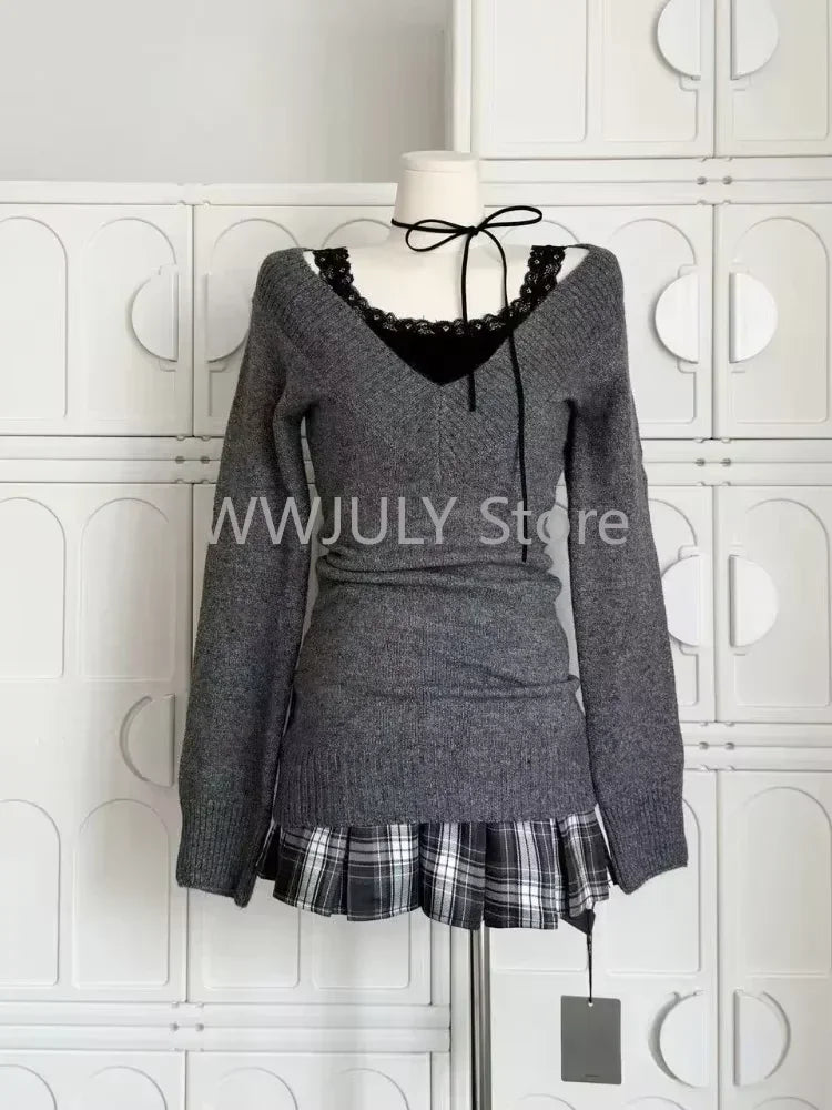 Autumn Winter  V-neck French Vintage Sweater Long Sleeve Pullovers Knitwears