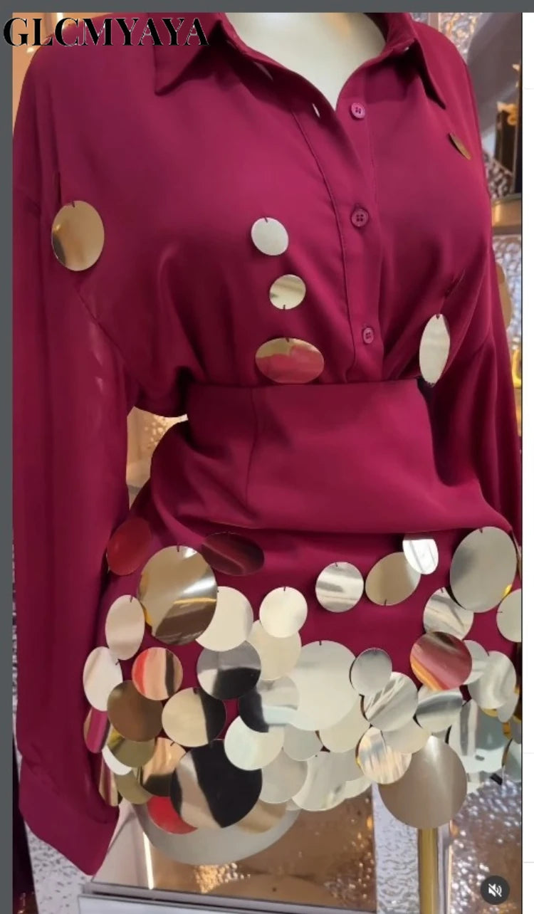 Fashion Sequined Splicing  Lapel Collar Shirt and Midi A-line Skirt Suit