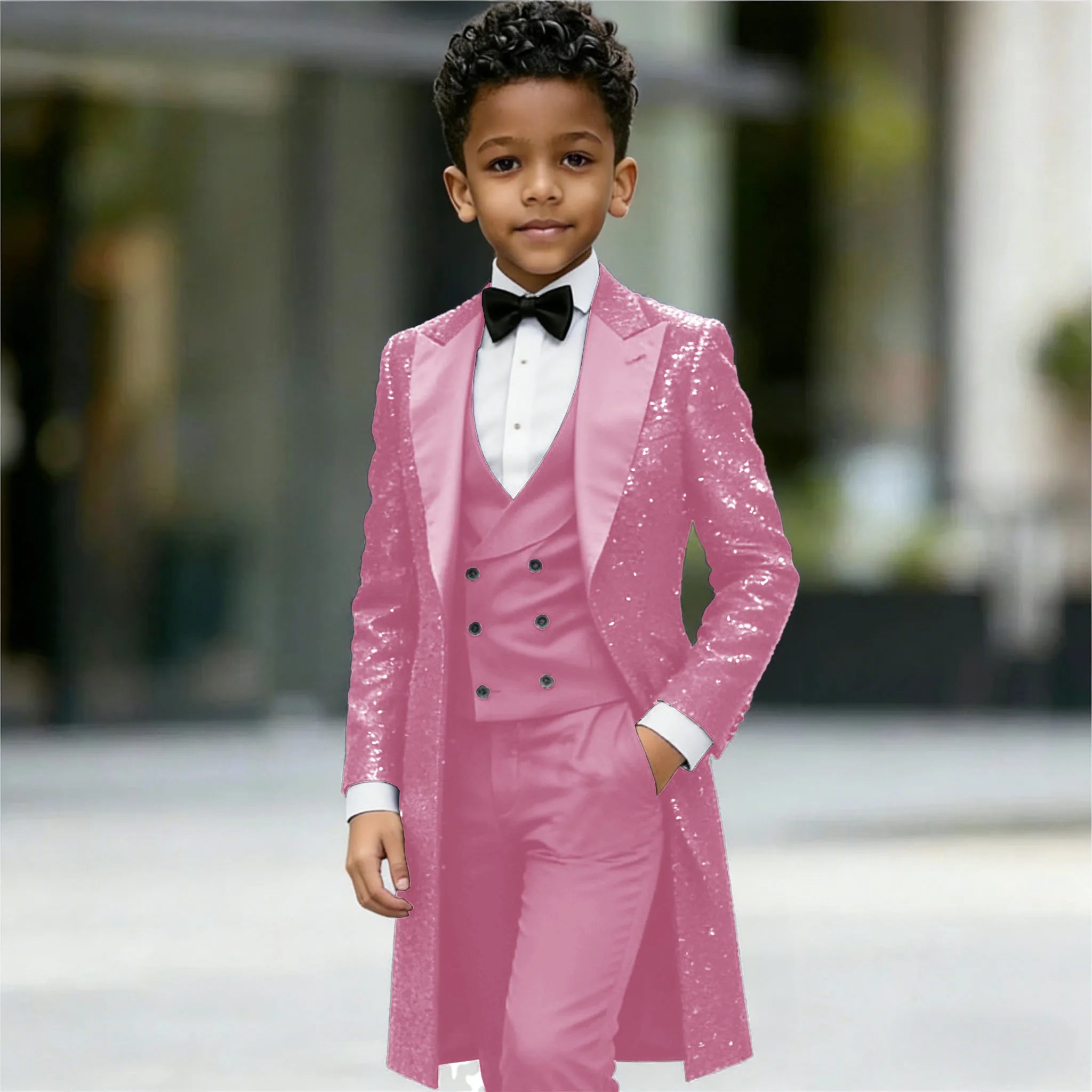 Navy Blue Sequin Boys 3‑Piece Wedding Tuxedo Set – Long Tailcoat, Vest & Pants