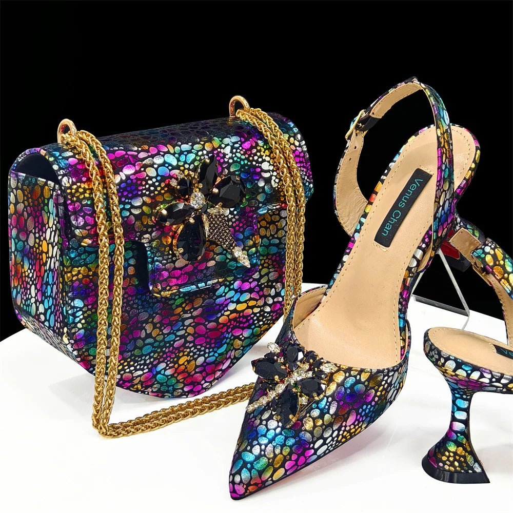 Champagne Color Thin Heels Pointed Toe Crystal Design Ladies Shoes Matching Bag Set