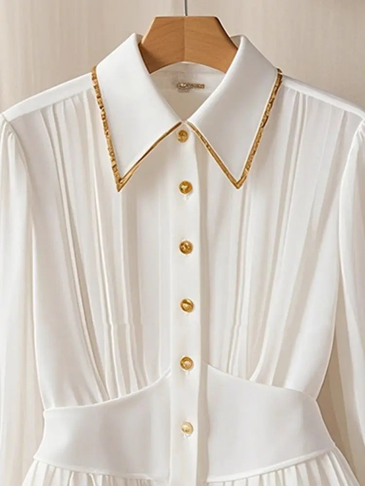 French Hepburn Style Niche Light Luxury High-end Feeling Pleated Polo Collar White Shirt