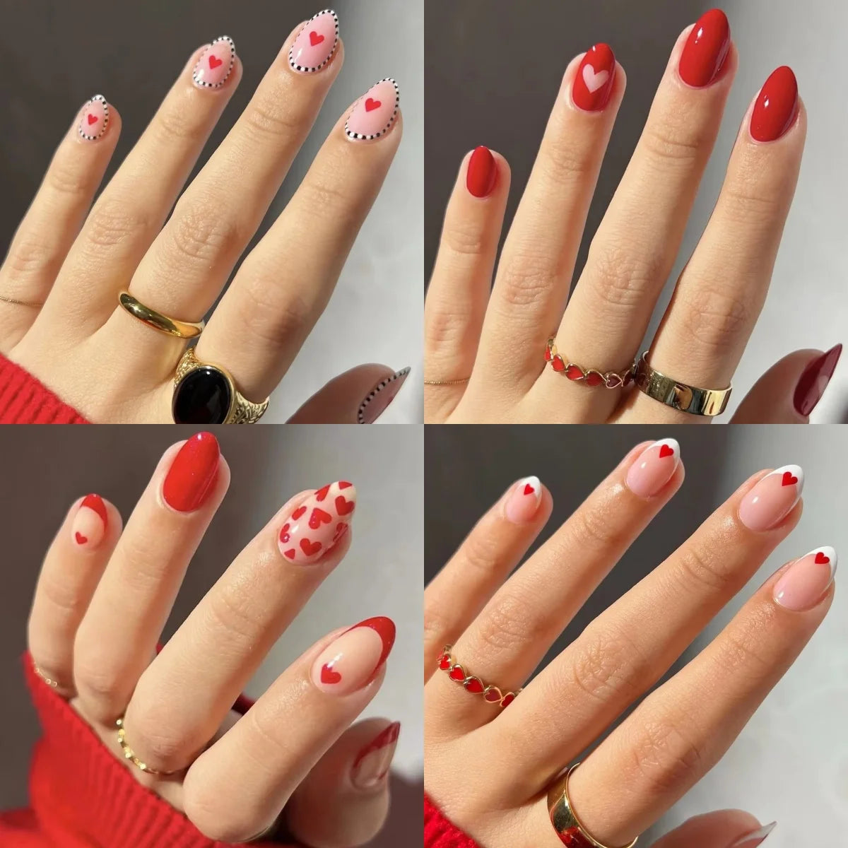 Romantic Valentine's Day Red Love Heart Charm Red Lips Almond Fake Nails